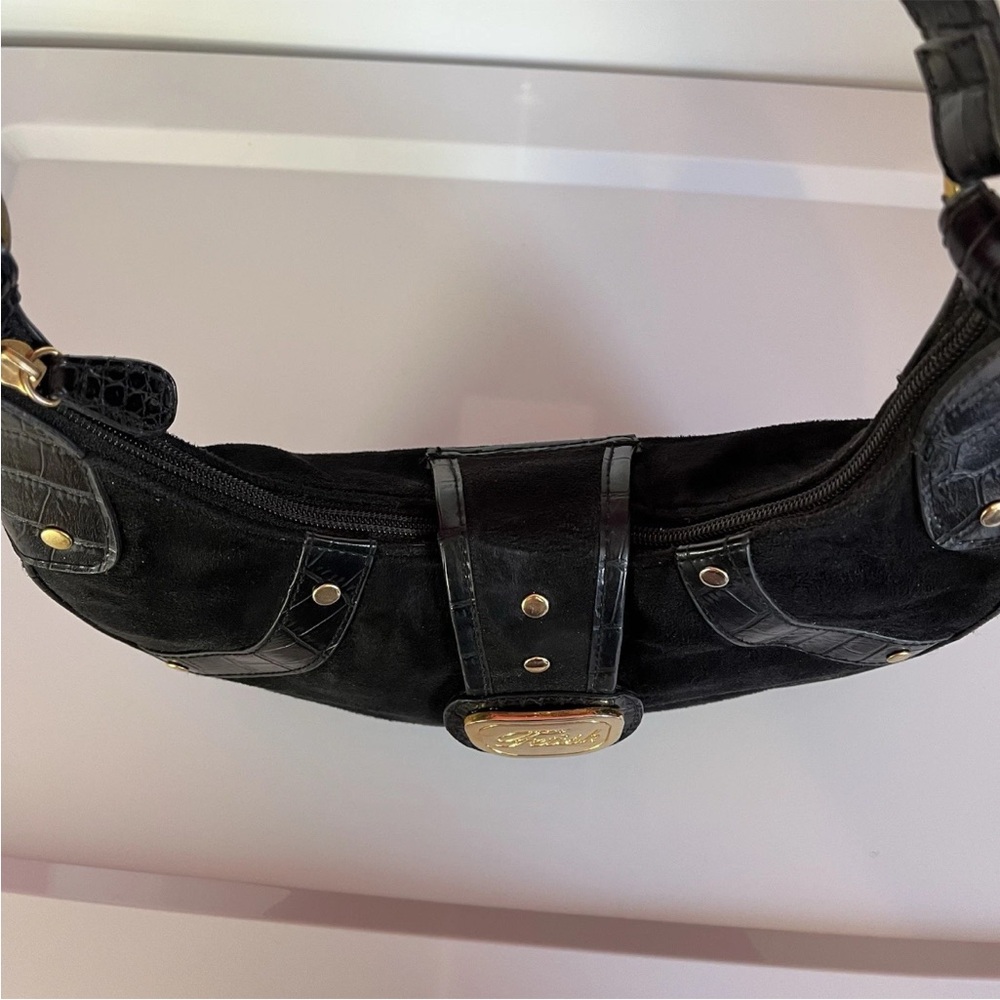 Fetish By Eve Black Suede Frame Handbag Top Zip Short Handle Gold Hardware Rare - Picture 4 of 12